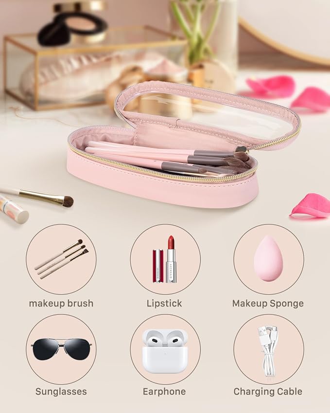Soimeat Clear Travel Makeup Brush Holder, Leather Makeup Brush Toiletry Bag, Portable Cosmetic Brush Case, Transparent Waterproof Makeup Brush Storage Bag, Pink, Large - Image 2
