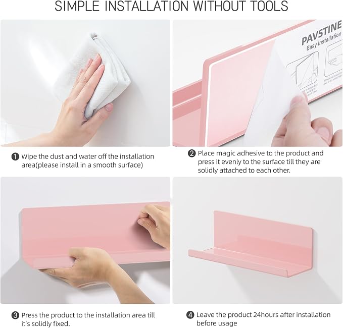 PAVSTINE Adhesive Floating Shelves for Wall No Drilling, 12 Inch Acrylic Self Adhesive Shelves, Stick on Shelves, Dorm Wall Shelf, for Bathroom, Kitchen, Bedroom, Office, Gaming Room, Pink - Image 7
