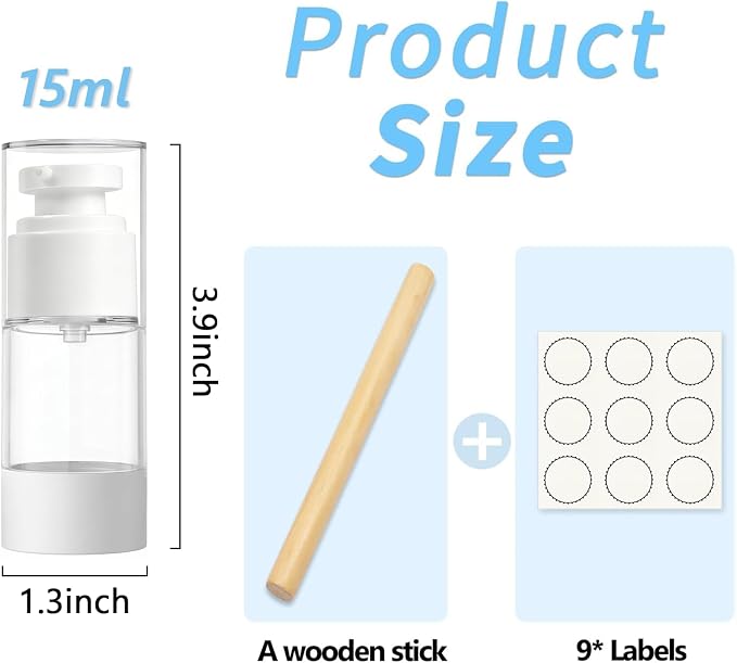 Clear Airless Pump Bottles, Vacuum Travel Cosmetic Containers | 0.5OZ/15ML 3Pack Lotion Dispenser Pump Bottles; For Cream, Foundation & Skincare Cosmetics; With Labels & Wooden Sticks - Image 2