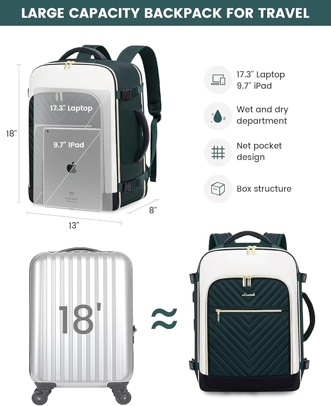 LOVEVOOK Large Travel Backpack for Women, TSA Carry on Backpack for Airplanes, 40L Personal Item Travel Bag for Women fits 17" Laptop,Waterproof Carry on Bag Airplane Approved with 3 Packing Cubes - Image 3