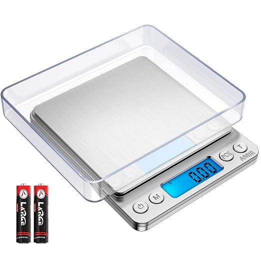 (Upgraded) AMIR Digital Kitchen Scale, 500g Mini Pocket Jewelry Scale, Food Scale, Coffee Scale, Back-Lit LCD Display, 2 Trays, 6 Units, Auto Off, Tare, PCS, Stainless Steel (Batteries Included) by AMIR