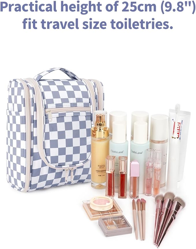 Narwey Small Checkered Hanging Travel Toiletry Bag for Women, Travel Bag for Toiletries, Makeup Bag Organizer Cosmetic Bags Make Up Bags for Women (Grayish Blue Checkerboard) - Image 4