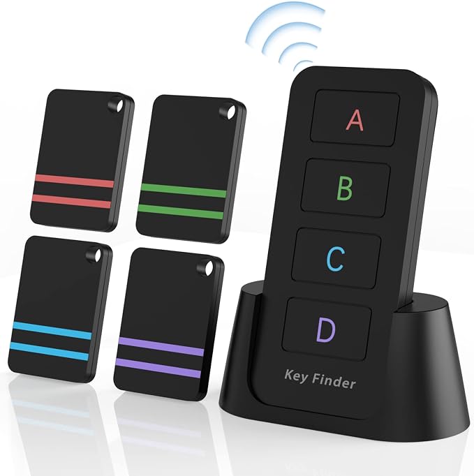 Remote Control Finder, Pack of 4 Find My Keys Device | Stick on Remote Finder Beeper, Tracker Tags for Car Keys and Phones | 120Ft Range 80dB RF Key Locator, Lost Key Finders That Make Noise by Jegoteer