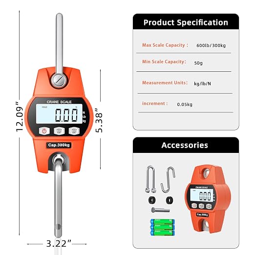 Hanging Scale 660lb/300kg - High-Accuracy Crane Scale with Aluminum Frame and LCD Display. Functions as Fishing Scale and Luggage Scale. for Farm, Hunting, Fitness, and Travel Weighing - Image 6