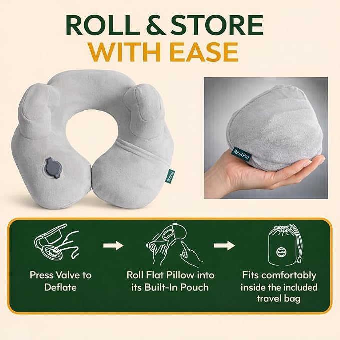 Inflatable Travel Neck Pillow with Adjustable Memory Foam Sides | Lightweight, Soft & Portable Support (Light Gray, Standard) - Image 5