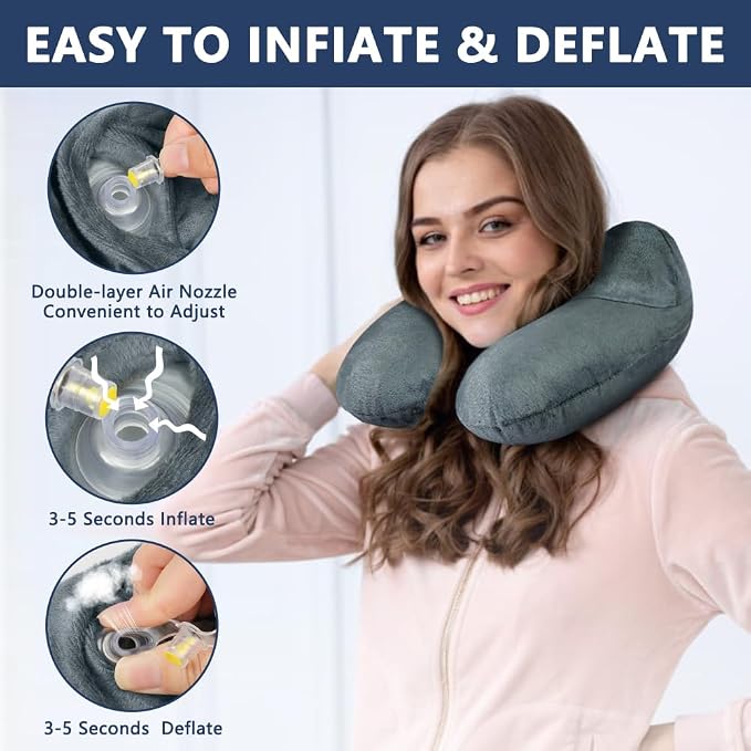 flintronic Inflatable Travel Pillow, Inflatable Travel Pillow for Airplane, Soft Velvet Neck Support, Lightweight Ergonomic Sleeping Neck Pillow for Airplane, Car, Train, Office, Camping (Grey) - Image 5