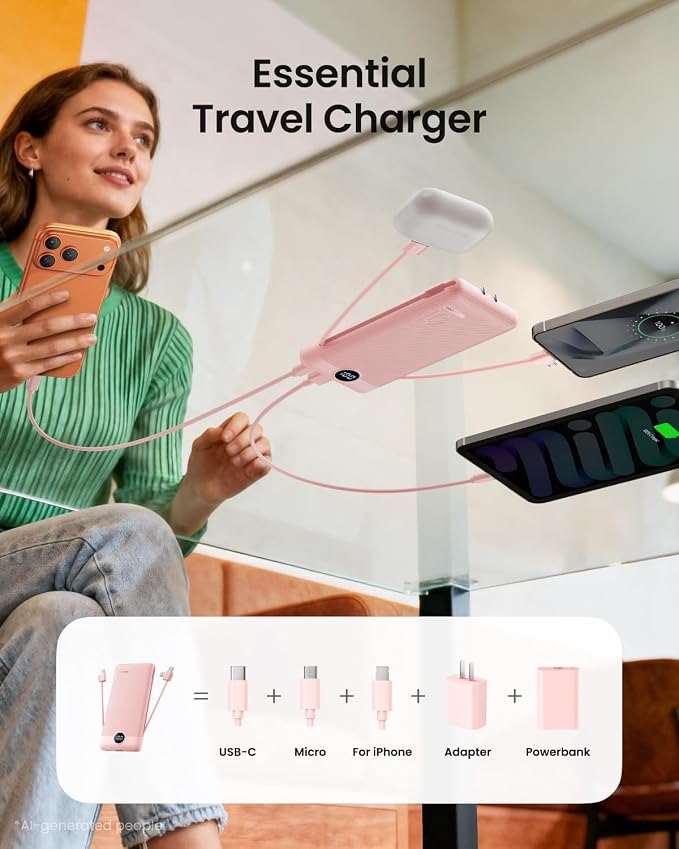 Portable Charger Built-in Cables and Wall Plug, 10000mAh Slim USB C Power Bank, LED Display External Battery Pack Compatible with iPhone/Android & More (Pink) - Image 6