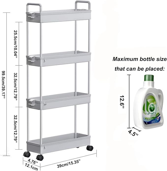 SOLEJAZZ Slim Rolling Storage Cart Skinny Bathroom Organizer, 4 Tier, Gray | Thin utility cart with wheels for bathroom, laundry room, bedside, kitchen, dorm, office, next to fridge, small narrow places - Image 2