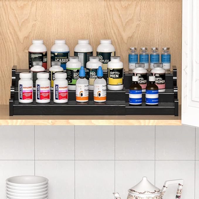 Spice Rack Organizer For Cabinet - 3 Tier Black Bamboo Wooden Expandable Display Shelf from 12.70 to 22.20 inch - Image 3