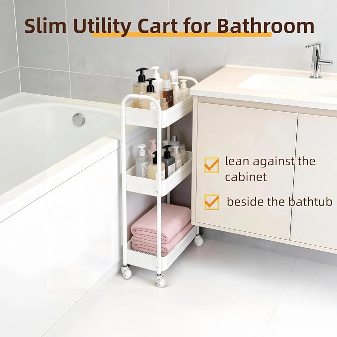 3 Tier Narrow Rolling Storage Cart for Laundry Room Bathroom Kitchen, 7.1'' Slim Utility Cart with Wheels and Lockable Casters Standing Shelf for Small Space & Between Washer and Dryer, White - Image 6