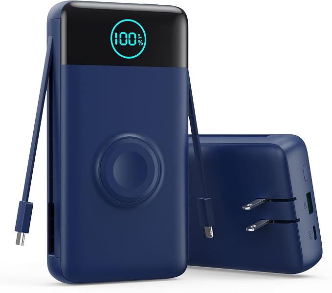 Portable Charger for iPhone, 40800mAh Power Bank with Built-in Cables & AC Wall Plug, 5 Outputs USB C Fast Charging External Battery Pack for iPhone 17/16/15/14, Android, Travel Essential (Blue) by AONIMI