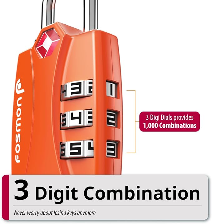 Fosmon TSA Approved Luggage Locks, 3 Digit Combination, 4 Pack Orange | Open Alert Indicator, Suitcase Travel Lock, Gym Locker Padlock, Travel Bag Zipper, Secure Combination - Image 3