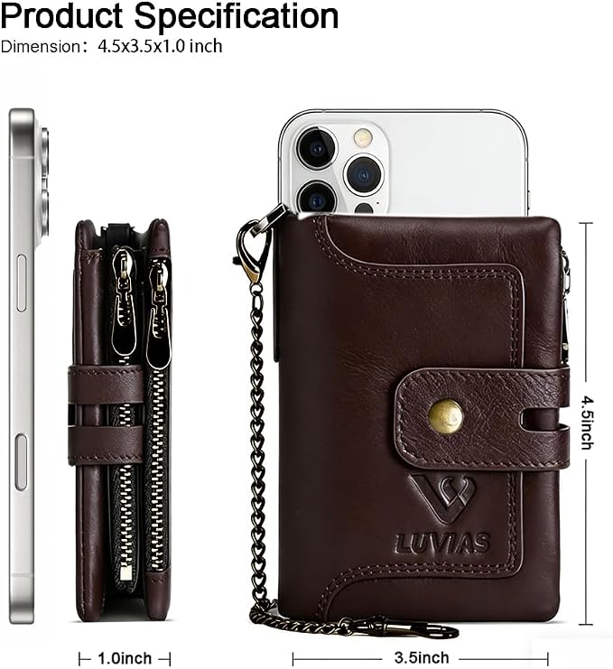 Mens Wallet with Chain Genuine Leather 1 ID Window Purse with RFID Blocking Bifold Double Zipper Coin Pocket - Image 2