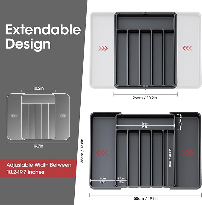 Aujen Silverware Drawer Organizer, Adjustable Utensil Cutlery Tray | Expandable Kitchen Organizer for Forks, Knives, Multipurpose Kitchen Storage , Apartment Essentials, Black, Large - Image 7