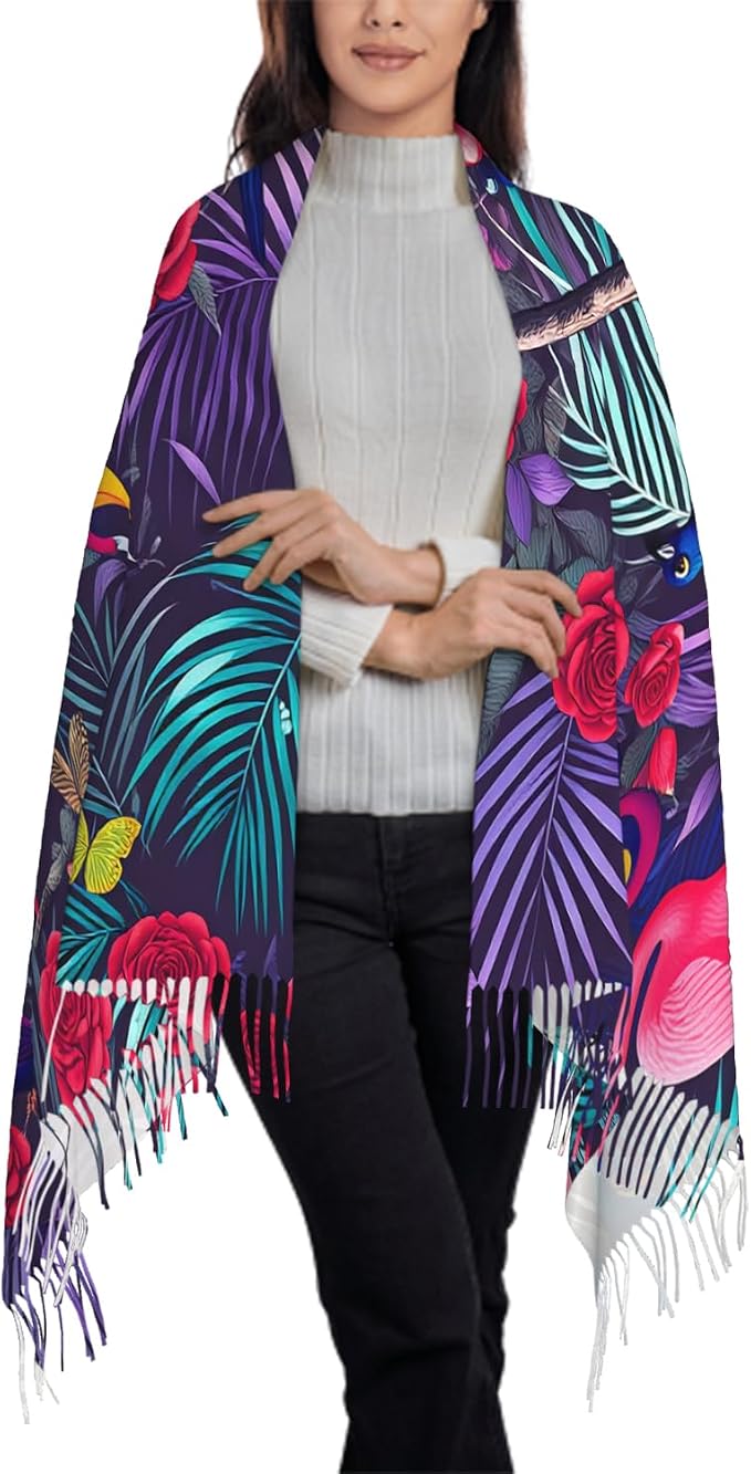 IBILIU Oversize Scarf for Women Floral Flower Purple Prune Color Scarf Tassel Scarves Fall Winter Shawl Wraps - 77.6 x 28.3in - Image 3