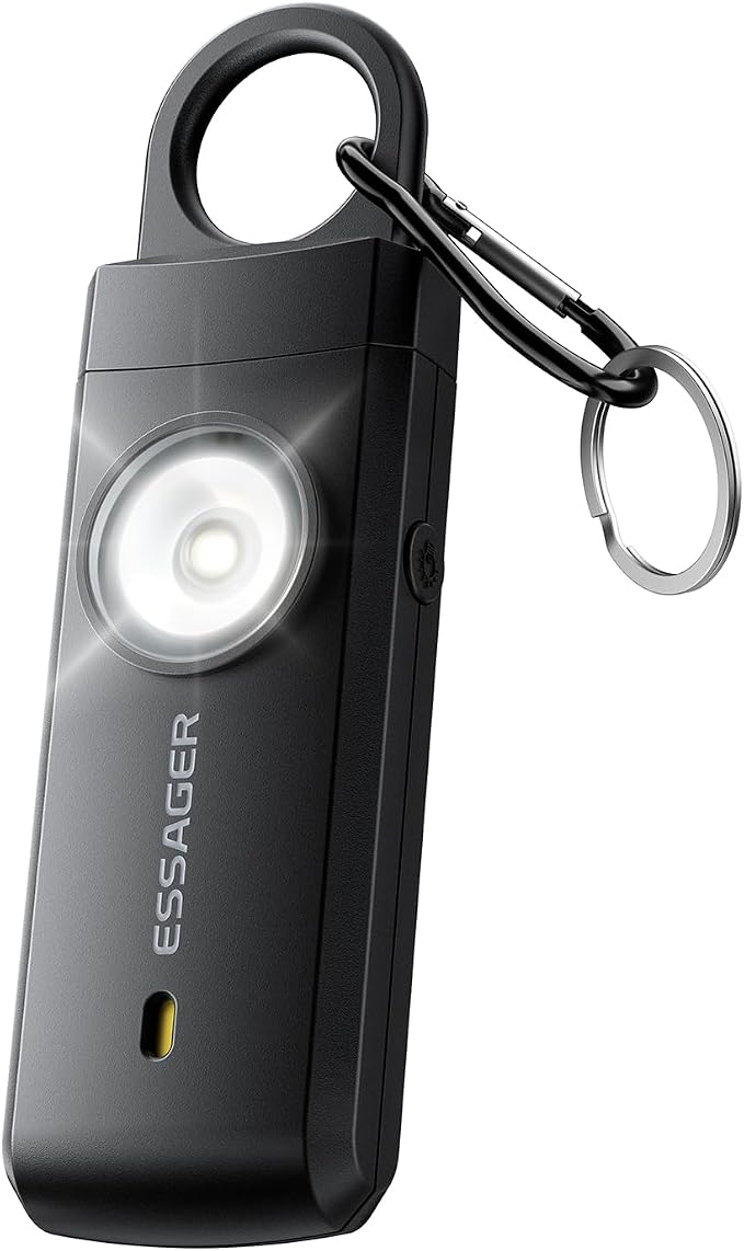 ESSAGER Personal Safety Alarm for Women, 130 dB Self Defense Siren, Rechargeable & Portable with Keychain and Carabiner, Low Battery Notice, LED Strobe Light for Kids, Seniors, College Students(Black) by ESSAGER