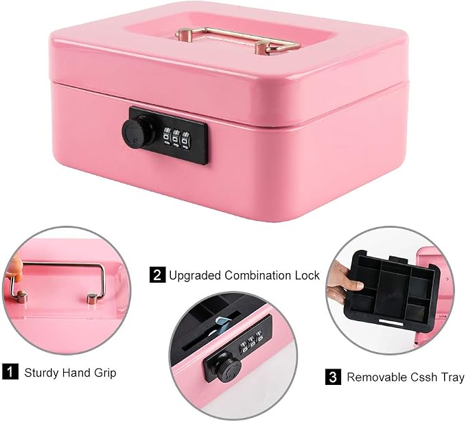 KYODOLED Medium Cash Box with Combination Lock Safe Metal Money Box with Money Tray for Security Lock Box 7.87x 6.30x 3.54Inch Pink Medium - Image 3