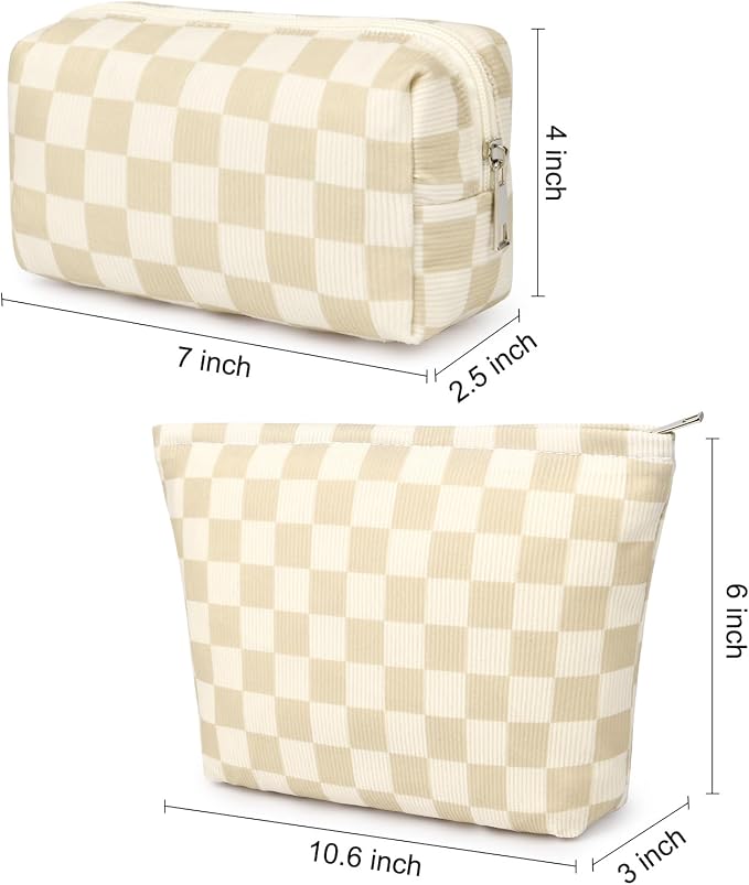 SOIDRAM 2 Pcs Checkered Makeup Bag Large Cosmetic Bag Toiletry Bag Makeup Pouch Travel Bag Organizer Cute Makeup Brushes Aesthetic Accessories Storage Bag for Women Brown Checkered - Image 4