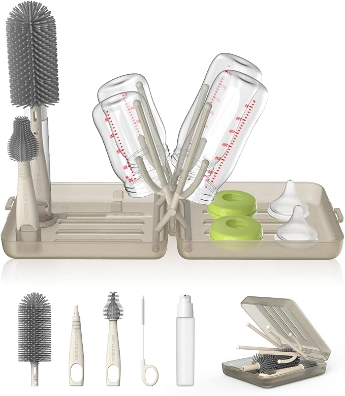 Travel Bottle Brush Set, Foldable Drying Rack, Dispenser | For On-The-Go Parents, 3 Silicone Brushes, Foldable Rack, Dispenser. Drying Slots, BPA-Free. by YOTIME