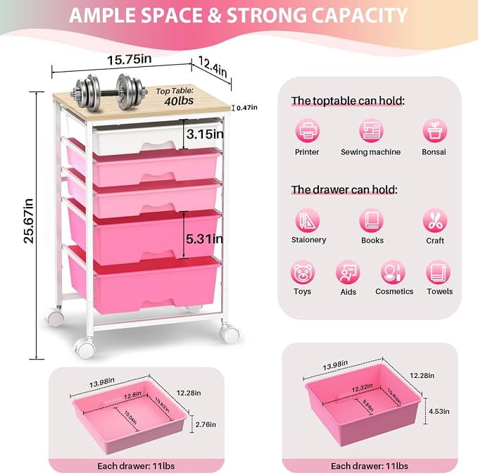 Goovilla Rolling Cart with 5 Drawers for Craft, Art, Dorm, Office, Pink | Utility Cart Organizer With 5 Removable Drawers and Wooden Tabletop, Lockable Rolling Storage Organizer for Classroom, Home - Image 2