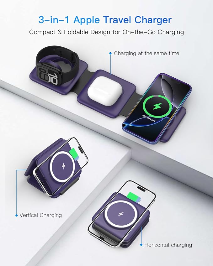 Iseyyox Charging Station for Mag Safe Apple - 3 in 1 Magnetic Foldable Wireless Charger Pad - Travel Charging Mat for iPhone 17 16 15 14 13 12 Pro Max Plus Watch & Airpods - Image 3
