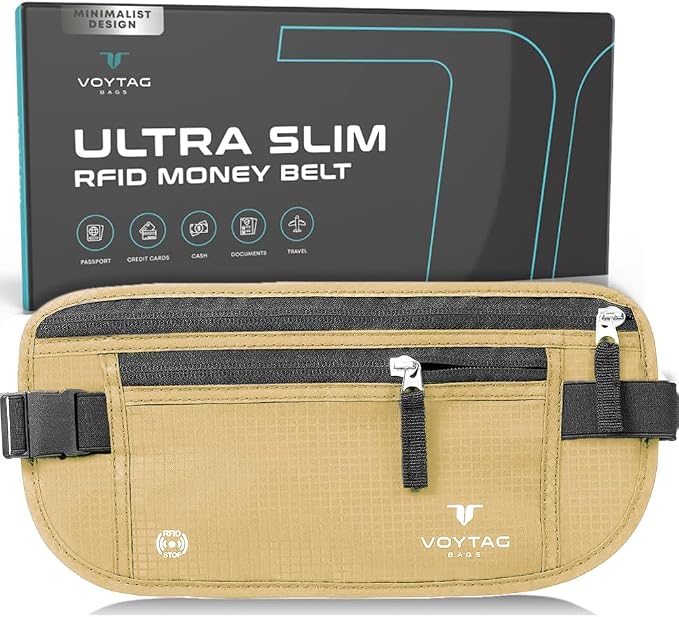 Travel Money Belt & Passport Holder - RFID Blocking Slim Travel Wallet & Fanny Pack for Men and Women - Essential Travel Pouch for Cash, Credit Cards, and Documents (Beige) by VOYTAG