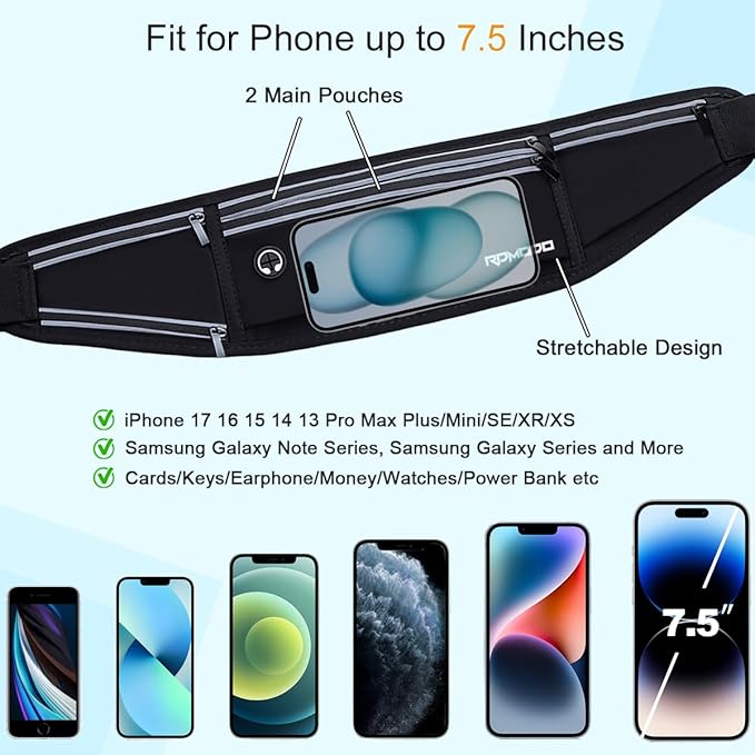 Running Belt with Foldable Water Bottle Holder for Women Men, Black | Slim Fanny Pack, Water Resistant, Running Phone Holder for Workout, Adjustable & No Bounce Waist Bag for iPhone 17 16 Samsung - Image 4