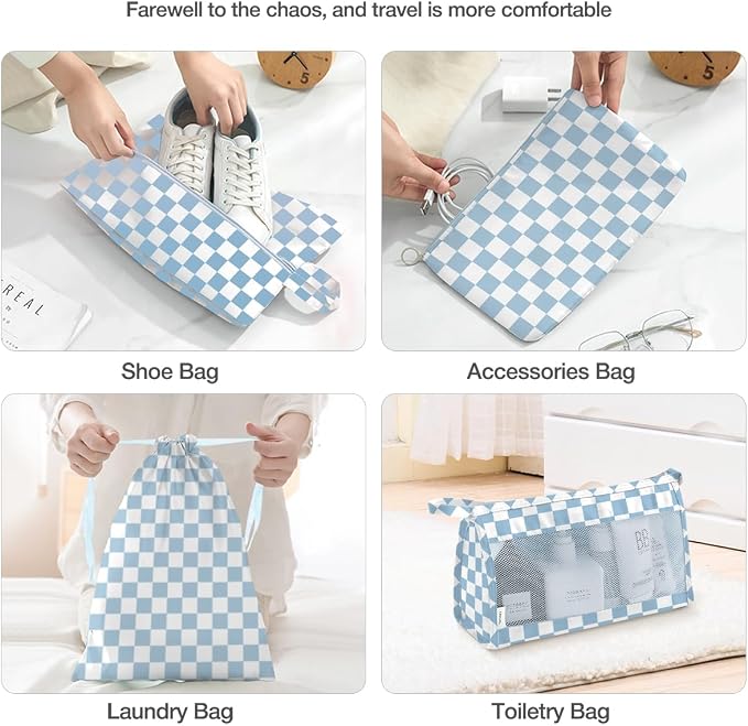 8 Set Packing Cubes for Suitcases, Packing Cube with Shoe, Cosmetics, Clothing, Accessories Bags Packing Cubes for Travel Luggage Organizer Women Men(Blue Checkered) - Image 5