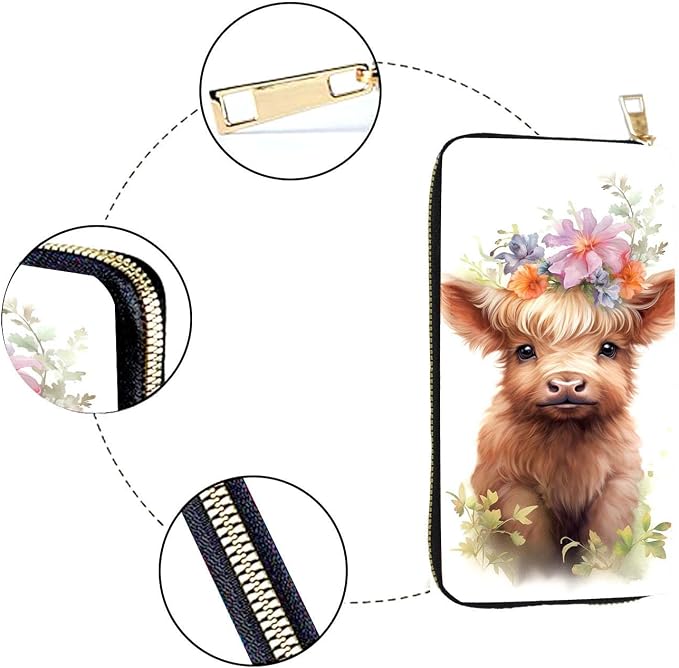 Women's RFID Blocking PU Leather Zip-Around Wallet, Large Capacity Clutch with Phone Holder, Travel Purse & Card Organizer with Removable Wristlet,Cute Highland Cow Baby - Image 4