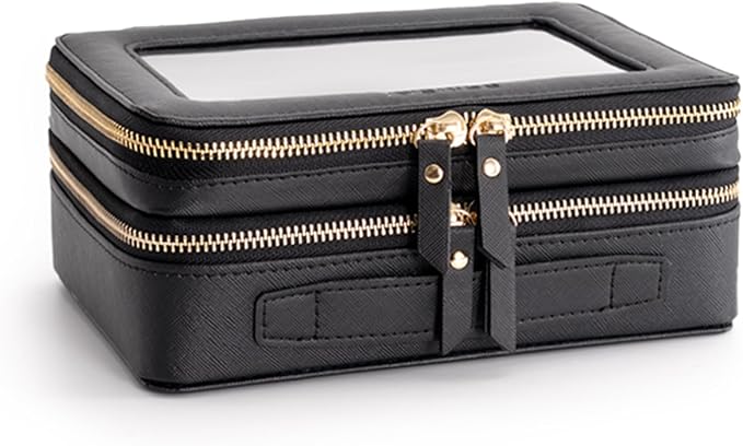 Aveniee XL Clear Makeup Organizer,Double Layer Travel Cosmetic Case with Brush Holder & Zippered Compartments,Big Toiletry Bag for Travel Accessories,2 Layers Large,Black - Image 5