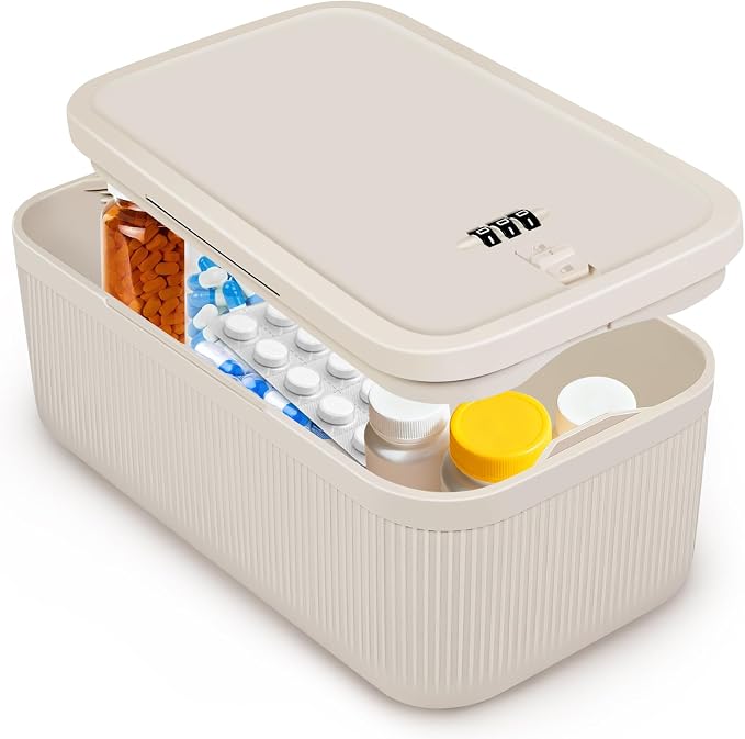 Small Lock Box,Lockable Storage Box with Combination Code for Medication Safe, Medicine Lock Box for Pills/First Aid Kits/Food/Snack Phone Jail,Locked Container for Home/Fridge/Office/School (Beige) by Unknown