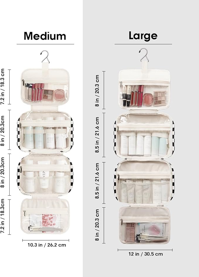 Narwey Travel Toiletry Bag for Women Large Hanging Makeup Bag Organizer Toiletries Bag for Full Size Essentials Accessories Cosmetics (Black Checkerboard (Large)) - Image 3