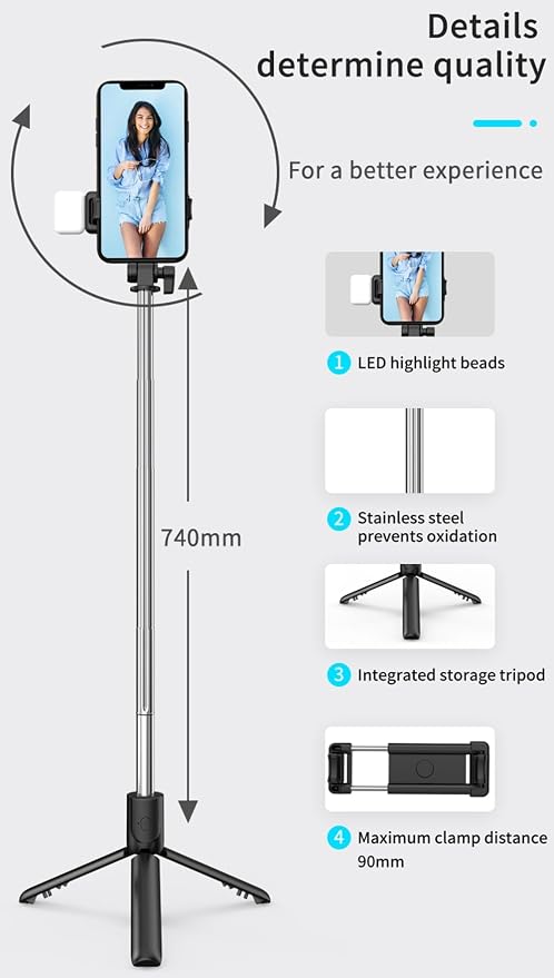 XIHAMA Selfie Stick Tripod with Light,3 in 1 Extendable Selfie Stick with Wireless Remote,Portable Phone Tripod Stand Compatible with iPhone 16 15 14,Samsung Smartphone and More - Image 4