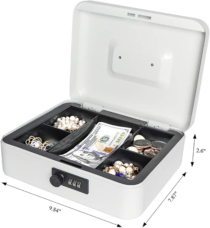 Jssmst Cash Box with Combination Lock - Durable Metal Cash Box with Money Tray, Large, White - Image 5