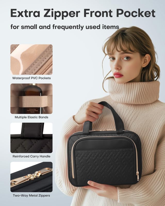 HOTOR Hanging Travel Toiletry Bag Women Men, Black, Medium | Waterproof Makeup Bag Hanging Hook,Multiple Pockets,Travel Essentials,11.2 x 3.2 x 8.9inches - Image 5