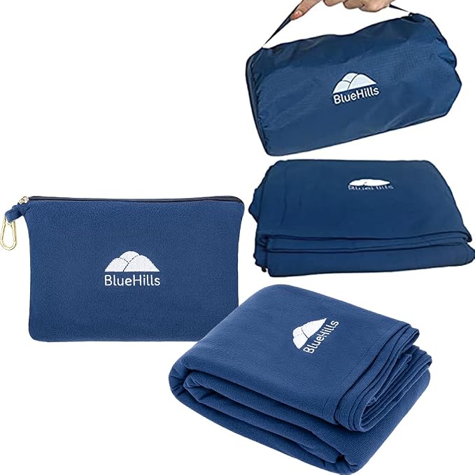 BlueHills Ultra Compact and Compact Light Travel Blankets for Two Value Pack Set of 2 – Airplane Travel Essentials Soft Flight Trips Throw in Portable Cases for Car Plane Travel Gifts – Navy Blue by BlueHills