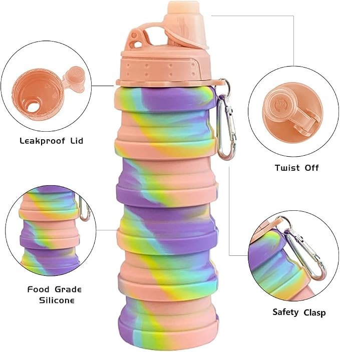 Collapsible Water Bottles 4 pack 500ML (Black+Purple+Blue+Pink) | Travel Water Bottle Portable Hiking Water Bottle with Leak proof Reusable BPA Free Silicone Water Bottles. - Image 3