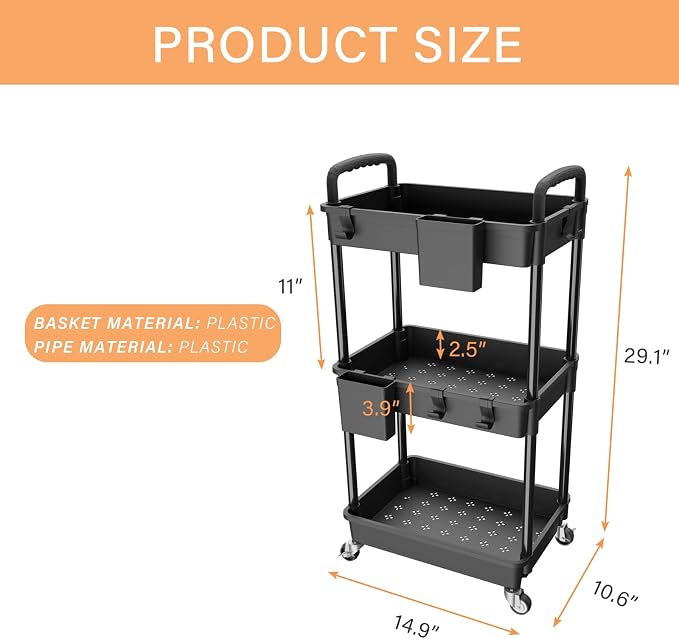 3 Tier Rolling Utility Cart with Handle,REBECAT Utility Cart Made of Multifunctional Storage Organizer Tool for Kitchen,Bathroom,Living Room,Office(Black) - Image 5