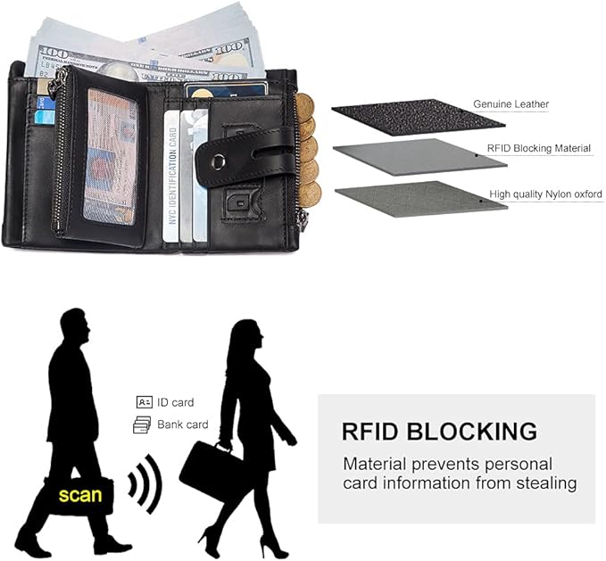 Mens Wallet with Chain Genuine Leather Purse RFID Blocking Bifold Double Zipper Coin Pocket with Anti-Theft Chain - Image 4
