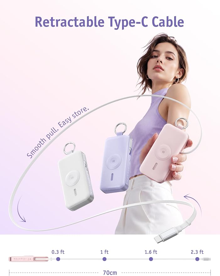 RORRY CharmGo Portable Charger 3 in 1 iPhone Power Bank for Apple 12000mAh | Built-in Retractable Cable Fast Charging Travel Keychain Battery Pack for Apple Watch /iPhone Air/17/16/15/14/13/12 - Image 4