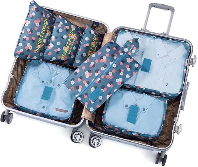 7 Set Packing Cubes Travel Luggage Packing Organizers for Suitcase, Blue Flower - Image 7