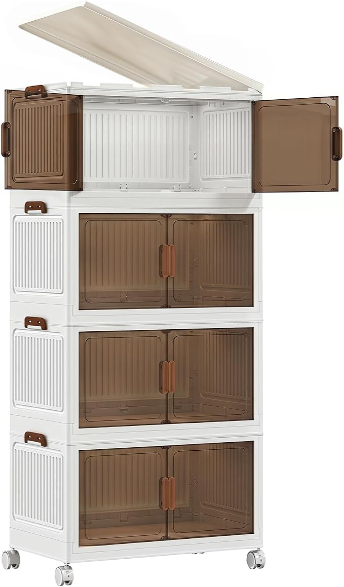 4 Tier Stackable Storage Bins with Lids, 96QT Large Capacity Storage Cabinet (24QT Per Tier), Foldable Closet Organizer with Wheels and Front Opening Doors for Clothes, Toys, Pantry, Bedroom by Unknown