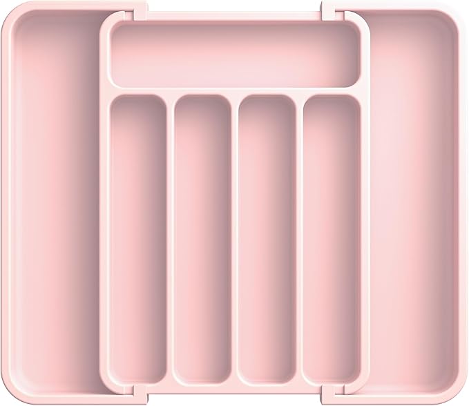 Aujen Silverware Drawer Organizer, Adjustable Utensil Cutlery Tray | Expandable Kitchen Organizer for Forks Knives, Multipurpose Kitchen Storage, Apartment Essentials, Pink, Medium by AUJEN