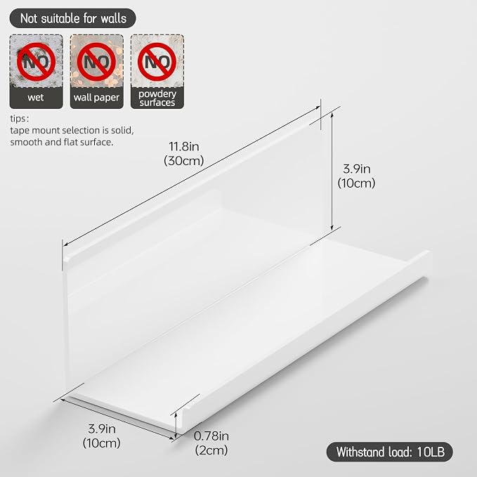 PAVSTINE Acrylic Wall Floating Shelves Set of 2, Wall Shelves White 12 Inch Adhesive Wall Organizer Adhesive Shelf for Bathroom, Kitchen, Bedroom, Office, Gaming Room, No Damage, No Drill - Image 3