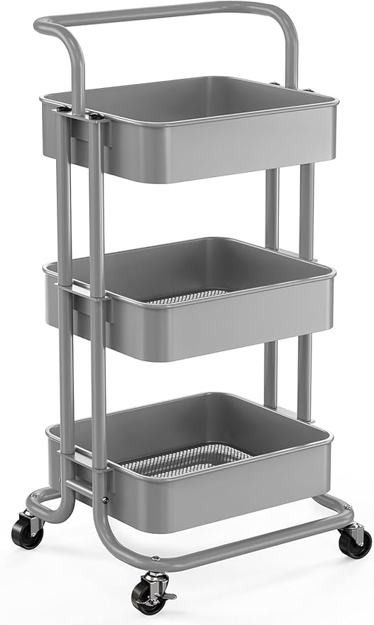 Pipishell Metal 3 Tier Rolling Cart with Handle & 2 Lockable Wheels, Gray | Four Large 2" Wheels for Easy Motion, Sturdy Metal, Hold 22 lbs per Shelf, Ideal for Nursery Room, Living Room, Painting Room by Pipishell