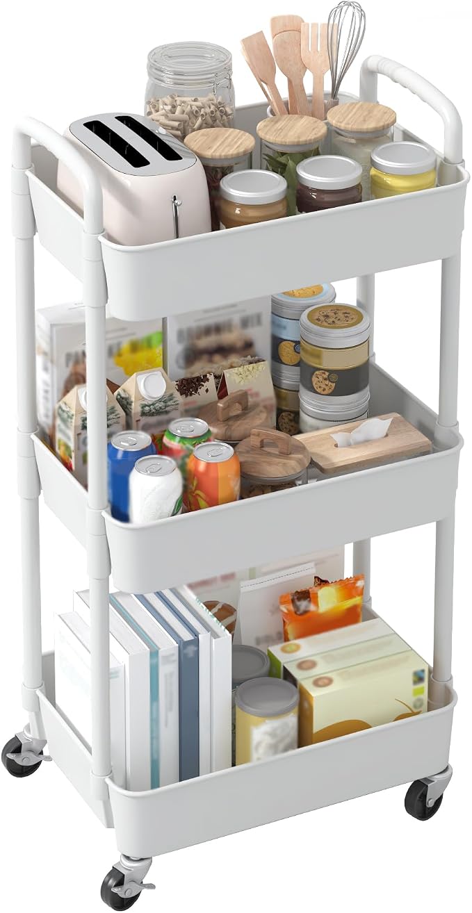 Sywhitta 3-Tier Plastic Rolling Utility Cart with Wheels for Storage,White | Multi-Functional Storage Trolley, for Office, Living Room, Kitchen, Bathroom,Movable Organizer,Space-Saving,Easy to assemble - Image 9