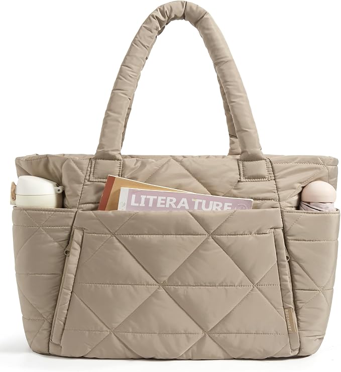 BAGSMART Tote Bag for Women, Puffer Tote Bag with Zipper, Large Quilted Shoulder Bag with Compartments for Travel, Work, Gym by BAGSMART