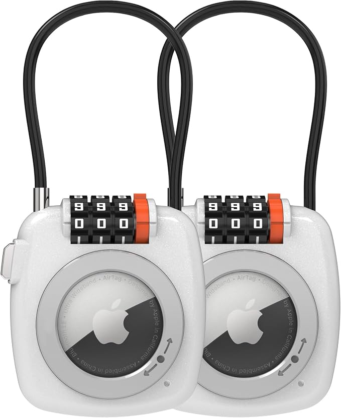 Compatible with Apple AirTag Secure Lock with Wire Cable, 3-Digit Combination Luggage Locks, Alloy Body Ultra Durable Anti-Lost Protective Case for Luggage, Suitcase (White*2) by TUXON