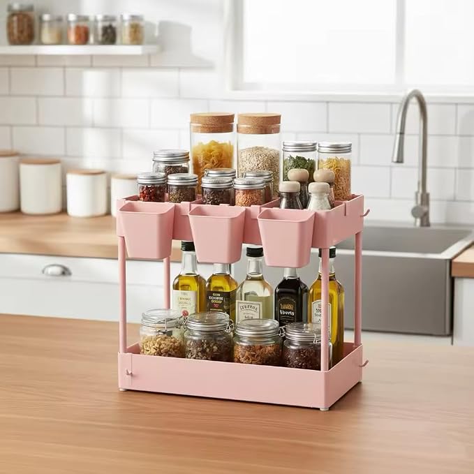 danpinera Slim Storage Cart, 3 Tier Narrow Rolling Cart on Wheels Bathroom Organizer with Dividers Handle Hanging Cups Hooks for Laundry Room Kitchen Small Spaces, Pink - Image 3
