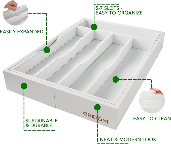 Expandable Bamboo Kitchen Drawer Organizer for Cutlery and Utensils, Adjustable Bamboo Wood Cutlery Tray in Drawer for Flatware and Silverware in Kitchen, (White) - Image 5